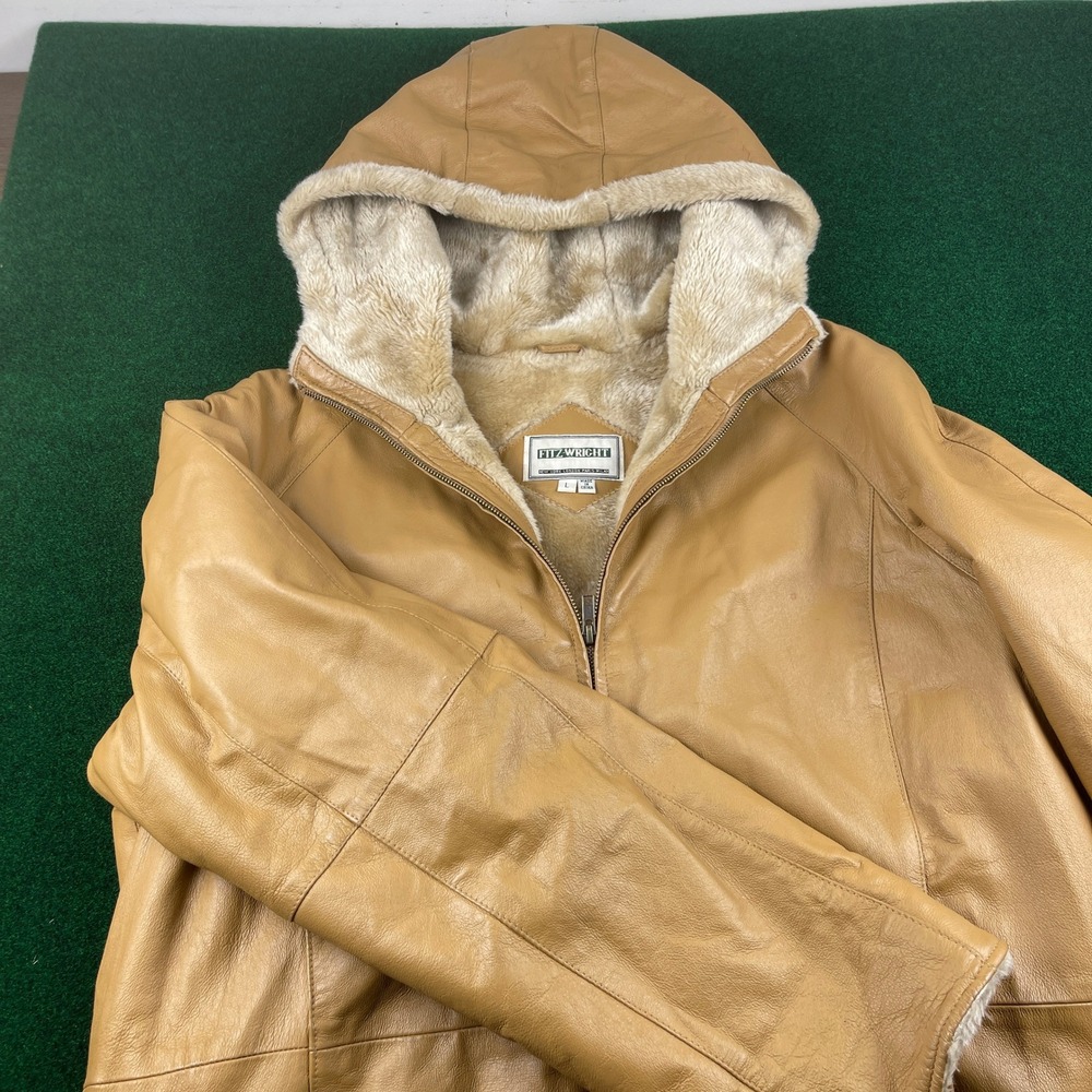 Fitz Wright Tan Leather Hooded Fur Lined Winter Coat Jacket Size‎ L
